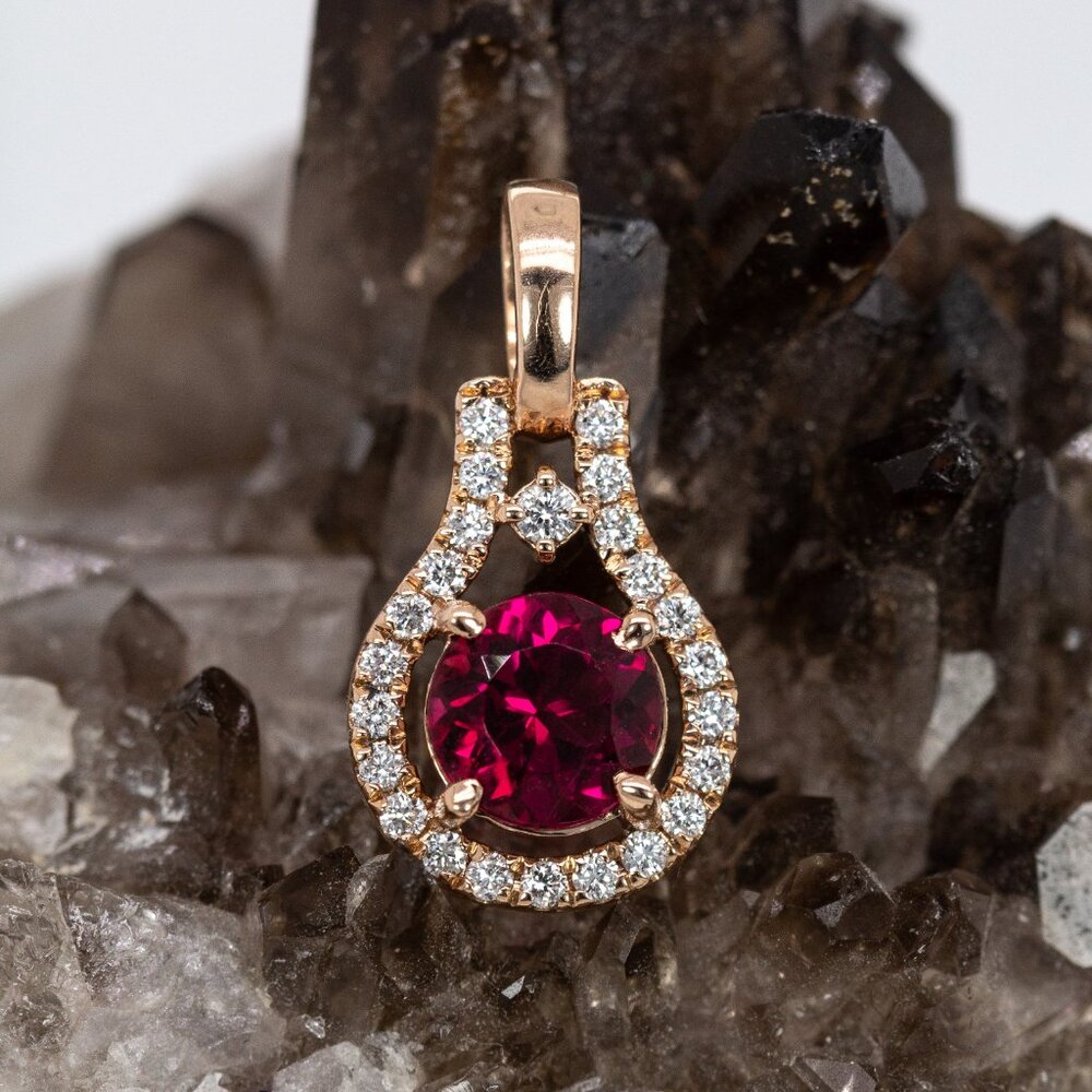Rubellite Tourmaline Pendant in Solid 14K Rose Gold with Natural Diamond Accents - Picture 8 of 11
